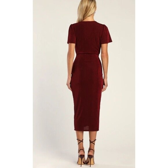 Lulus Dash of Charm Burgundy Short Sleeve Twisted Front Midi Dress Size Medium - Picture 3 of 10